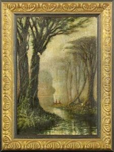Early Morning View Of Cypress Trees Along The Bayou With Two Fisherman In A Pirogue