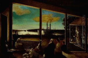 Family On A Plantation Porch Overlooking The River And Flooded Levee With A Steamboat In The Distance Family On A Plantation Porch Overlooking The River And Flooded Levee With A Steamboat In The Distance