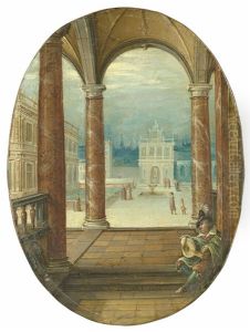 The Courtyard Of A Renaissance Palace, Viewed From A Portico, With A Lute Player In The Foreground