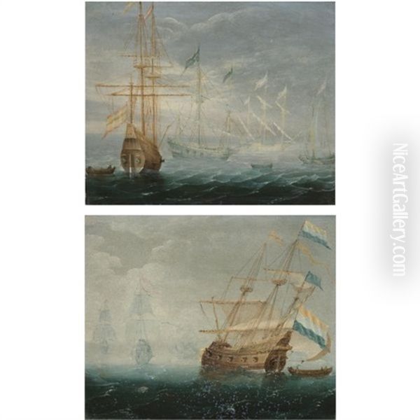 Dutch And Spanish Ships On Calm Seas (pair) - view 1