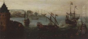 A Galley And Man Of War Entering A Harbour With Many Onlookers by Aert van Antum