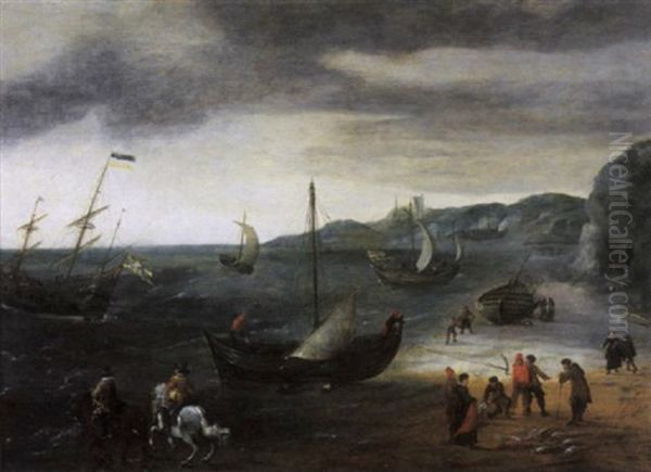 A Coastal Landscape With Two Elegant Riders And Fishermen Taking In Their Catch On A Beach With Fishing Vessels - view 1
