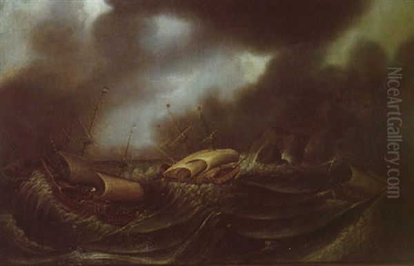 Ships In A Storm Off A Rocky Coastline With A Town Beyond - view 1