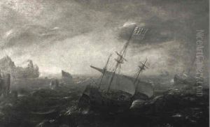 Zwei Dreimaster Auf Bewegter See by Aert van Antum