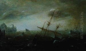 Zwei Dreimaster Auf Bewegter See Vor Einer Felsenkuste by Aert van Antum