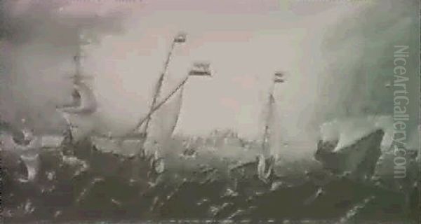 Dutch Shipping In A Choppy Sea Off A Fortified Town - view 1