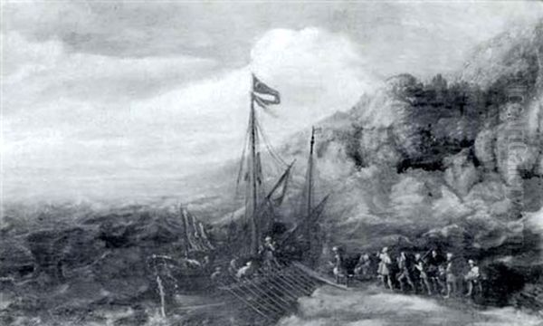 Turkish Sailors Loading A Ship, A Mountainous Shoreline In The Background - view 1