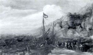 Turkish Sailors Loading A Ship, A Mountainous Shoreline     In The Background by Aert van Antum
