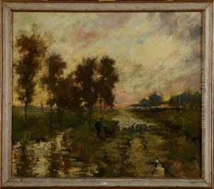 Berger Et Son Troupeau Au Coucher Du Soleil by Armand Adrien Marie Apol
