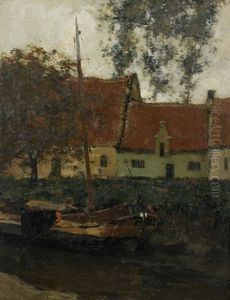 Flusschiff In Einem Kanal Bei Einer Hauserzeile Flusschiff In Einem Kanal Bei Einer Hauserzeile