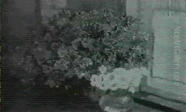 Azaleenstruss Und Anemonenstrauss In Bauchigen Vasen Auf    Einem Fenstersims - view 1
