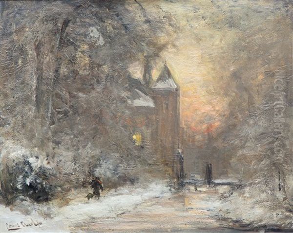 Winter Landscape With A Castle Along A River At Sunset - view 1