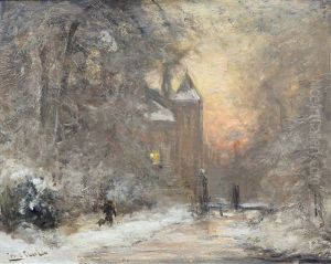Winter Landscape With A Castle Along A River At Sunset by Louis Apol
