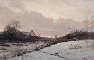 A Farm In A Snowy Landscape At Sunset by Louis Apol