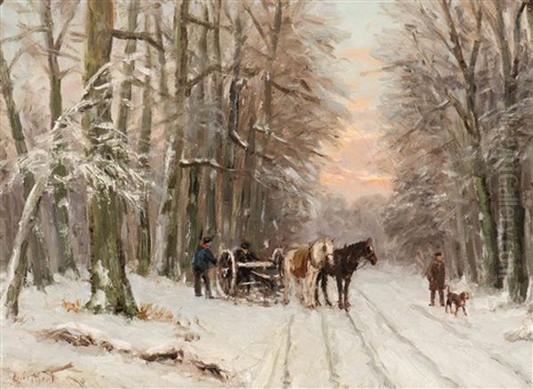 Walker With A Dog And The Loading Of The Logging Wheels On A Snow-covered Forest Path At Dusk by Louis Apol