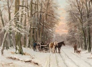 Walker With A Dog And The Loading Of The Logging Wheels On A Snow-covered Forest Path At Dusk by Louis Apol