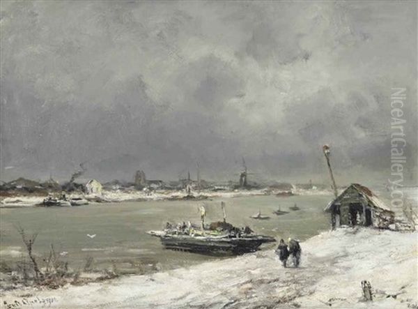 A Ferry Crossing Near Wijk Bij Duurstede In Winter - view 1