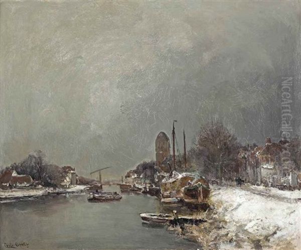 Moored Boats Along A Canal In Winter - view 1