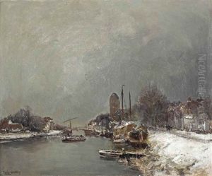 Moored Boats Along A Canal In Winter by Louis Apol
