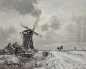 A Snow Covered Winter Landscape With A Windmill A Snow Covered Winter Landscape With A Windmill