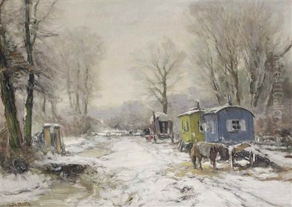 A Snow Covered Forest With Fair Wagons And A Horse Along A Path - view 1