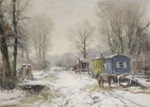 A Snow Covered Forest With Fair Wagons And A Horse Along A Path by Louis Apol