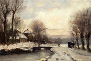 Winternamiddag Met Wandelaar Bij Een Ophaalbrug
