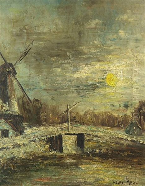 Windmill By The Sun In A Wintery Landscape - view 1