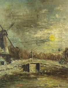 Windmill By The Sun In A Wintery Landscape Windmill By The Sun In A Wintery Landscape