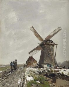 A Snowy Polder Landscape With A Windmill by Louis Apol