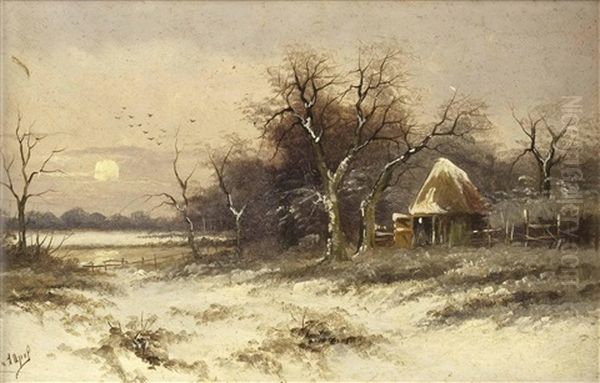 A) Winterlandschaft Mit Untergehender Sonne B) Abend Am Waldesrand Mit Bach Und Brucke, Sowie Personenstaffage (pair) - view 1