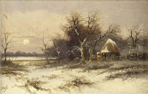 A) Winterlandschaft Mit Untergehender Sonne B) Abend Am Waldesrand Mit Bach Und Brucke, Sowie Personenstaffage (pair)