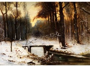 Verschneite Waldlandschaft Mit Holzsteg Uber Einem Bachlauf by Louis Apol