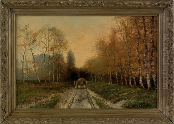 Wooded Landscape With A Man Beside A Horsedrawn Cart - view 1