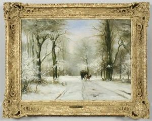 Wintry Landscape With A Horse And Cart Coming Down The Path by Louis Apol