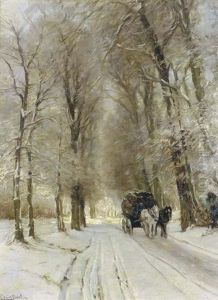 A Horse Drawn Cart On A Snow Covered Forest Track by Louis Apol