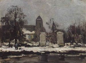 A Winter Landscape With Figure Walking Along A Canal A Winter Landscape With Figure Walking Along A Canal