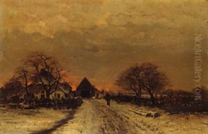 A Winterlandscape With A Figure On A Road Near A Farm by Louis Apol