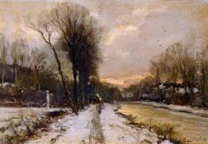 Een Besneeuwde Landweg Langs Een Vaart by Louis Apol