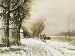 Wintergezicht Met Huizen Langs Een Bevroren Vaart by Louis Apol