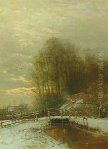 A Winter Landscape With A Peasant Woman And Child On A Snowy Path At Sunset by Louis Apol