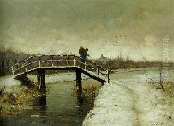 A Peasant On A Bridge In A Snow-covered Polder Landscape - view 1