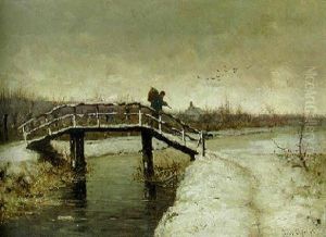 A Peasant On A Bridge In A Snow-covered Polder Landscape