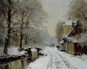 A Winter Landscape With Peasants On A Snowy Path Along A River At Sunset