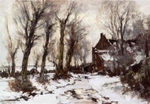 A Winter Landscape With Figures On A Snowy Path Along A Ditch, A Farmhouse Beyond by Louis Apol
