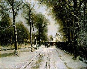 A Winter Landscape With A Horse-drawn Cart On A Snowy Path Along A Farm