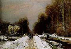A Winter Landscape With A Peasant And Horses On A Snowy Path Along A Mansion by Louis Apol