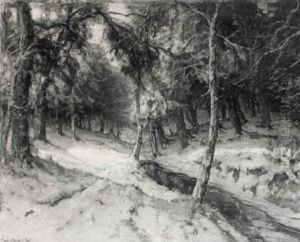 A Snowy Wooded Landscape With A Frozen Creek by Louis Apol