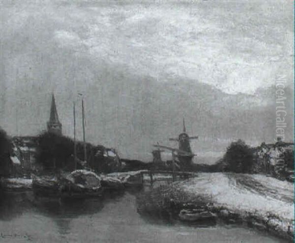 View In A Town In Winter, With Moored Boats In A Canal - view 1