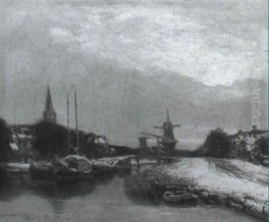 View In A Town In Winter, With Moored Boats In A Canal by Louis Apol